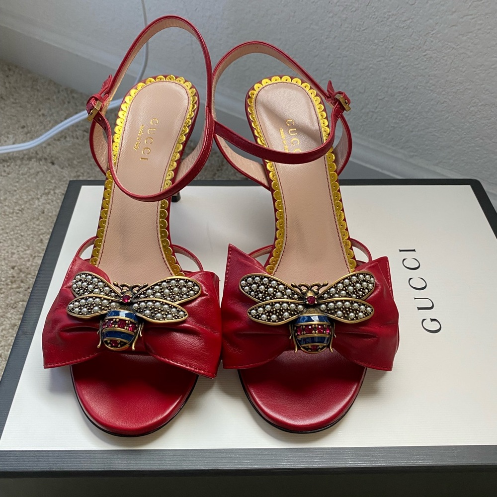 Authentic GUCCI leather upper Nappa Charlotte Hibiscus Red Size 36
